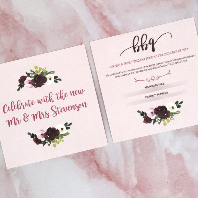 Pink, floral rustic wedding invite