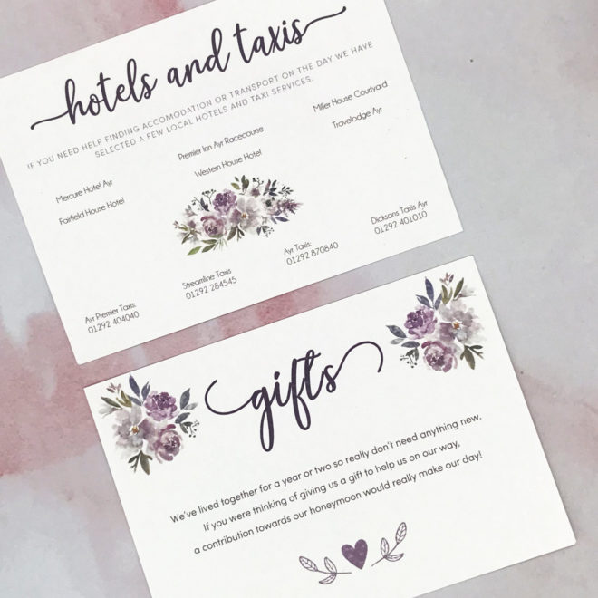 Purple, floral rustic wedding invite