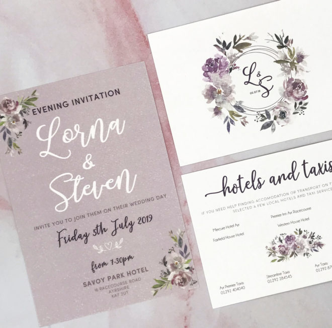 Purple, floral rustic wedding invite